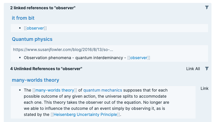 Roam Research examples of unlinked references