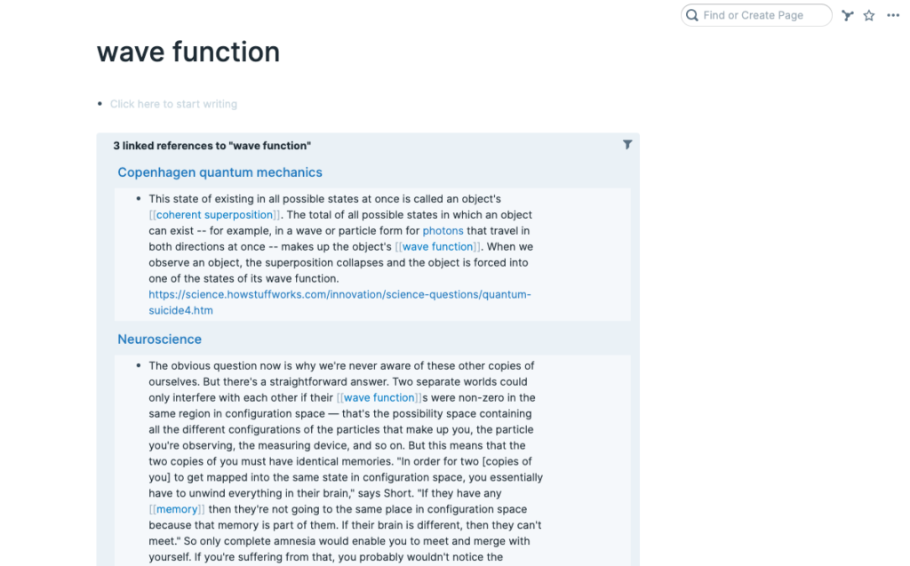 Roam Research example of page with linked and unlinked references