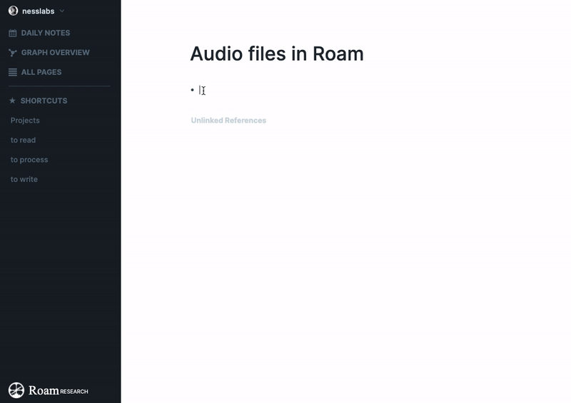 How to upload and play audio in Roam Research - animated gif