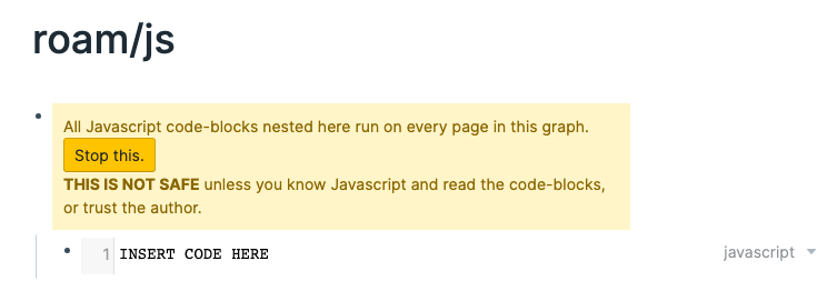 Roam Research roam/js warning activated - Stop this button