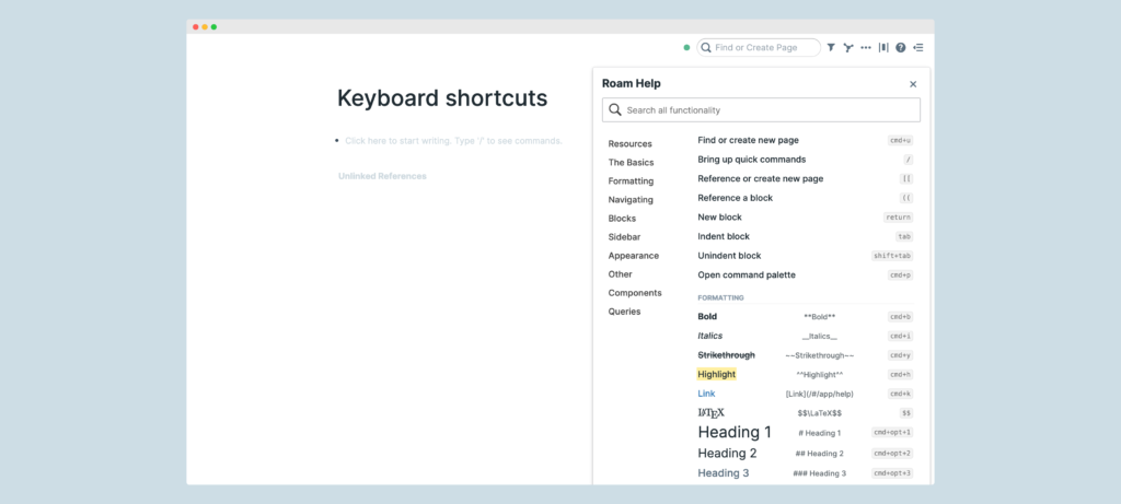 Basic keyboard shortcuts in Roam Research