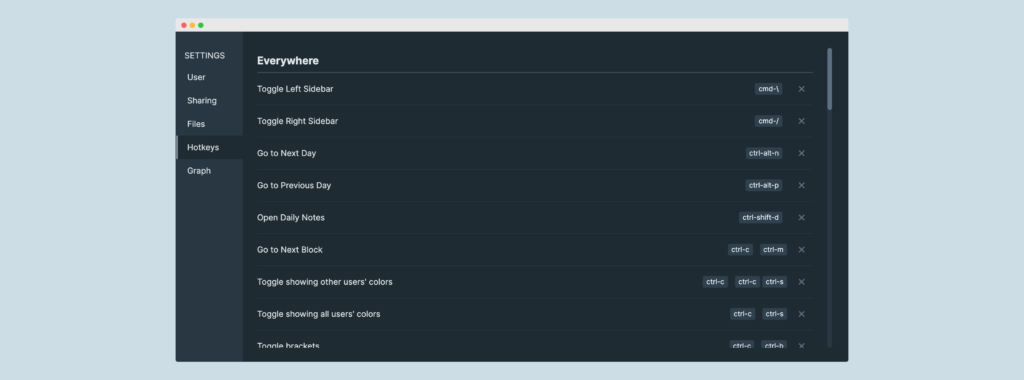 Hotkeys settings in Roam Research