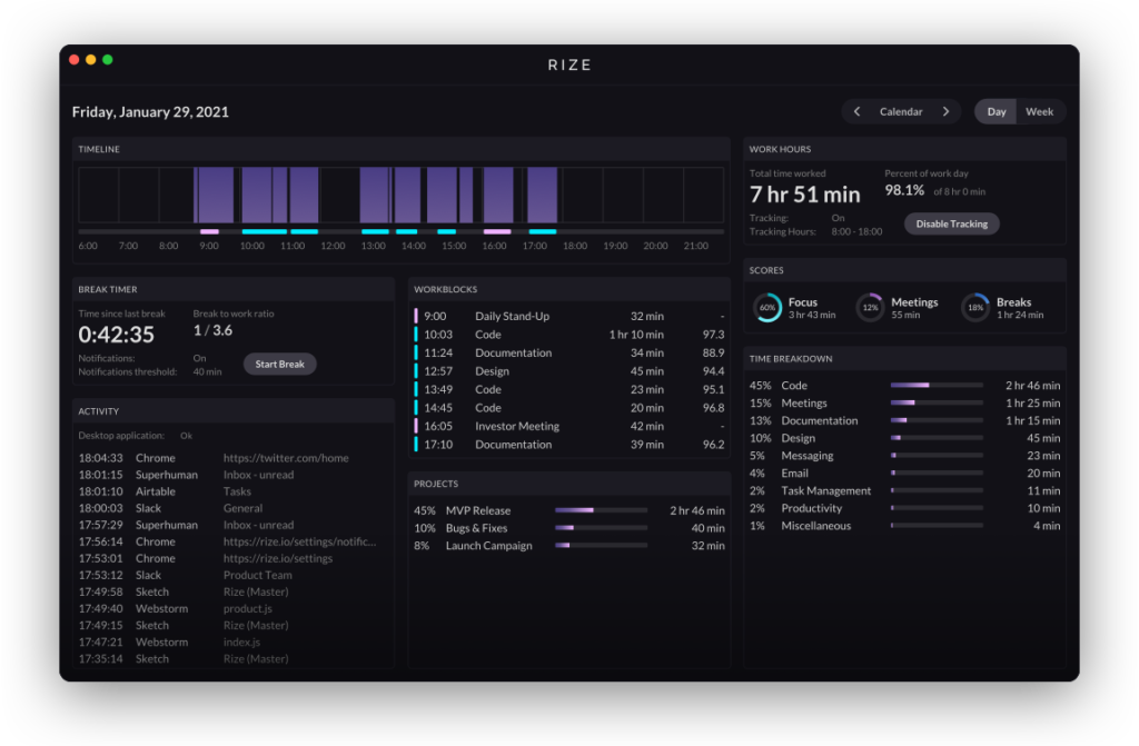 Rize - time tracking screenshot