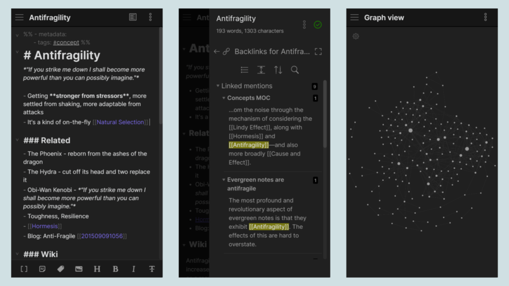 Obsidian - Mobile App Screenshots of Pages and Graph View