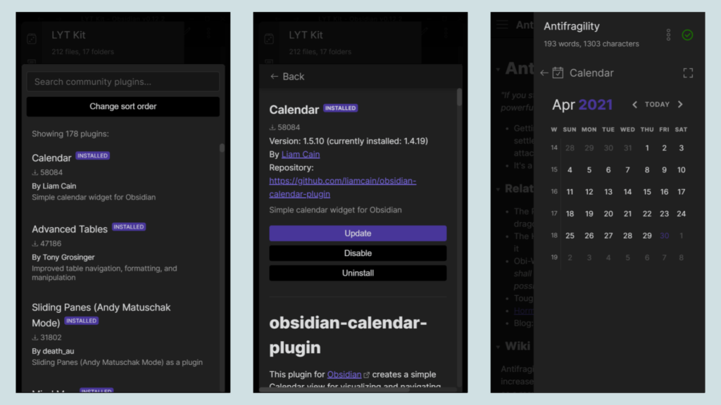 Obsidian - Calendar Community Plugin