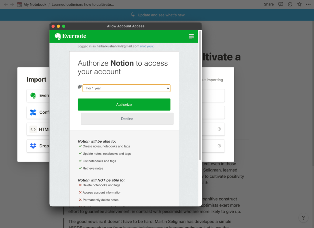 Authorize access to Evernote