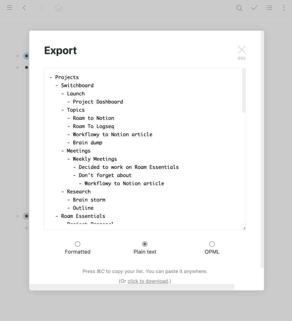 Export notes from Workflowy as plain text