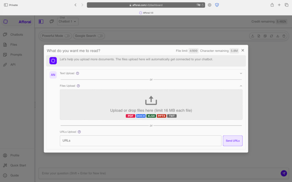 Upload information to your chatbot with data from any online or offline source with Afforai