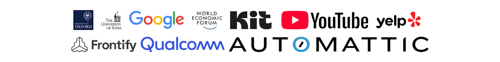 Organizations: Google, Oxford, KIT, World Economic Forum, Yelp, Automattic, University of Iowa, YouTube, Qualcomm, Frontify
